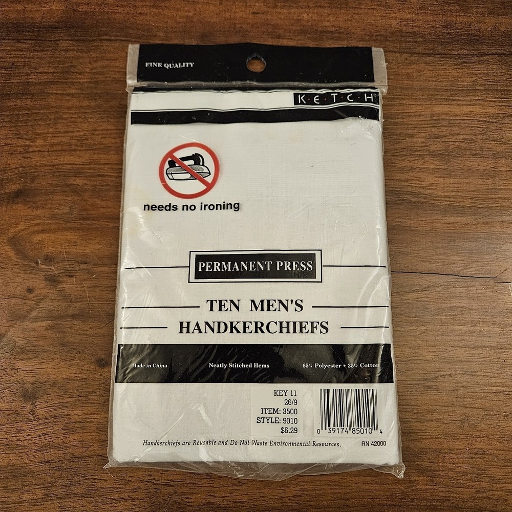 Set Of 10 NOS Vintage Men's Permanent Press White‎ Packaging Handkerchiefs Ketch